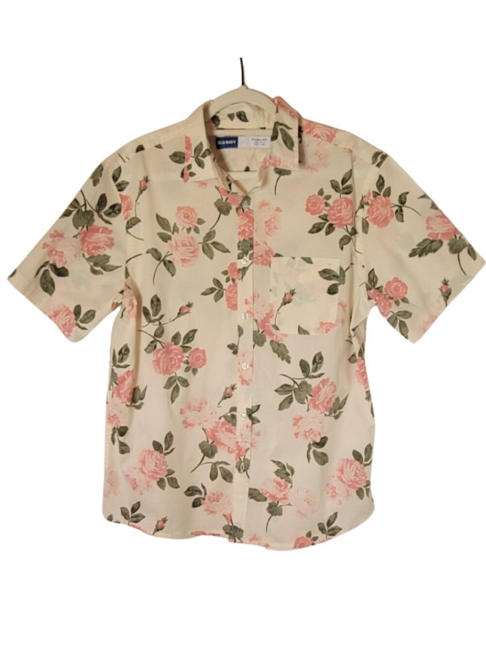 Old Navy Everyday Built-In Flex Pink Roses Preppy Short-Sleeve Shirt Size L - Picture 2 of 8